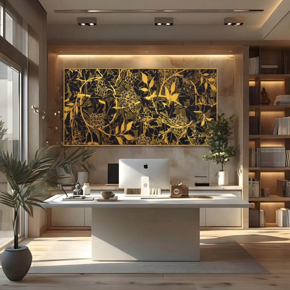 Tablou canvas cu model floral auriu pe fond negru, in rama de aluminiu auriu, pe perete intr-un birou